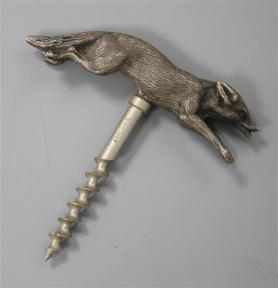 A George VI novelty silver mounted corkscrew modelled as a running fox, G.W. Lewis & Co, Birmingham, 1943, fox 9cm.